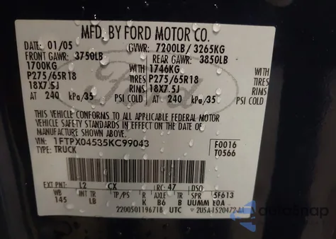 2005 Ford F-150 z USA, uszkodzony, nr VIN 1FTPX04535KC99043